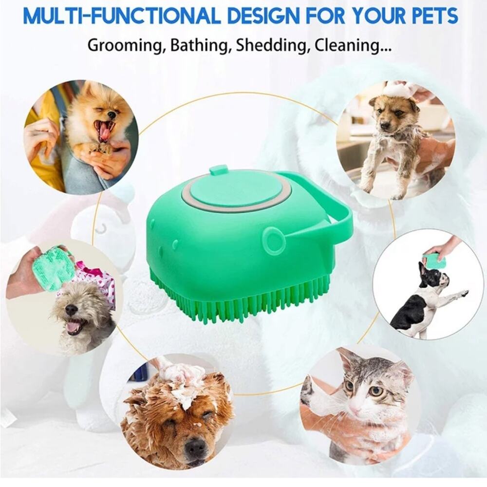 NEW blue square massaging shampoo dispenser grooming silicone dog bath brush 190